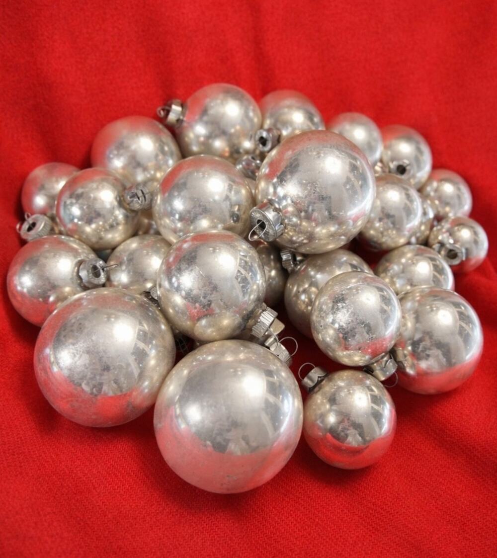 Vintage Ornaments Shiny Brite-Style Lot of 31 Silver Balls Christmas Decor MCM